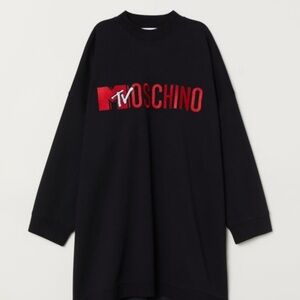 H&M Moschino MTV Black Embroidered Logo Sweatshirt Tunic Dress Very Oversized XS
